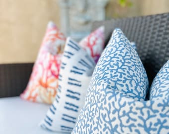 Blue coral outdoor pillow cover, outdoor pillows for patio sofa, blue decorative outdoor pillows, coastal outdoor pillow cover