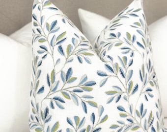 Designer embroidered floral throw pillow cover | Blue - geeen decorative pillow embroidered | Modern floral accent pillow cover