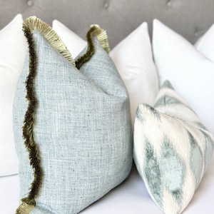 Mist blue throw pillow cover with green brushed fringe detail , mist blue pillow , decorative blue pillow cover for bed and sofa