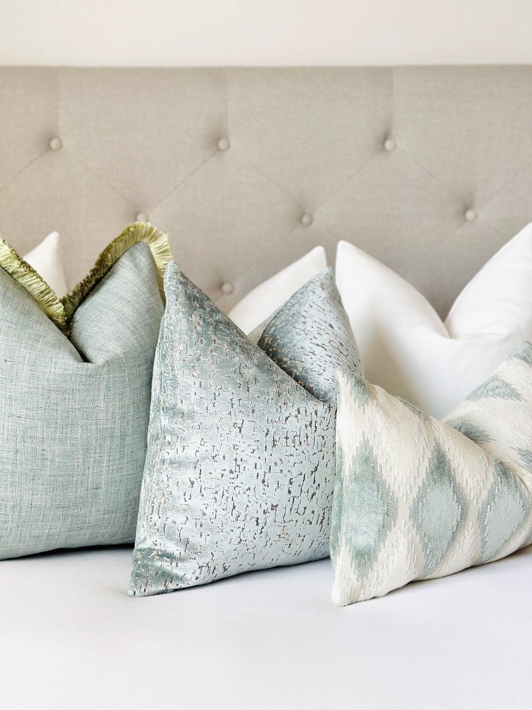 Mist Blue Beige Velvet Designer Pillow Cover, Mist Blue Decorative