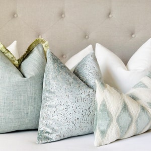 Mist blue beige throw pillow cover, mist blue decorative pillow lumbar , blue/beige velvet throw pillow with patterns in rhombus shape
