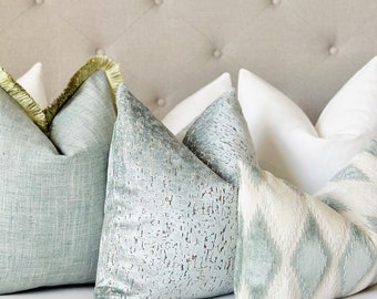 Mist blue - beige velvet designer pillow cover, mist blue decorative pillow , blue/beige velvet throw pillow with patterns in rhombus shape