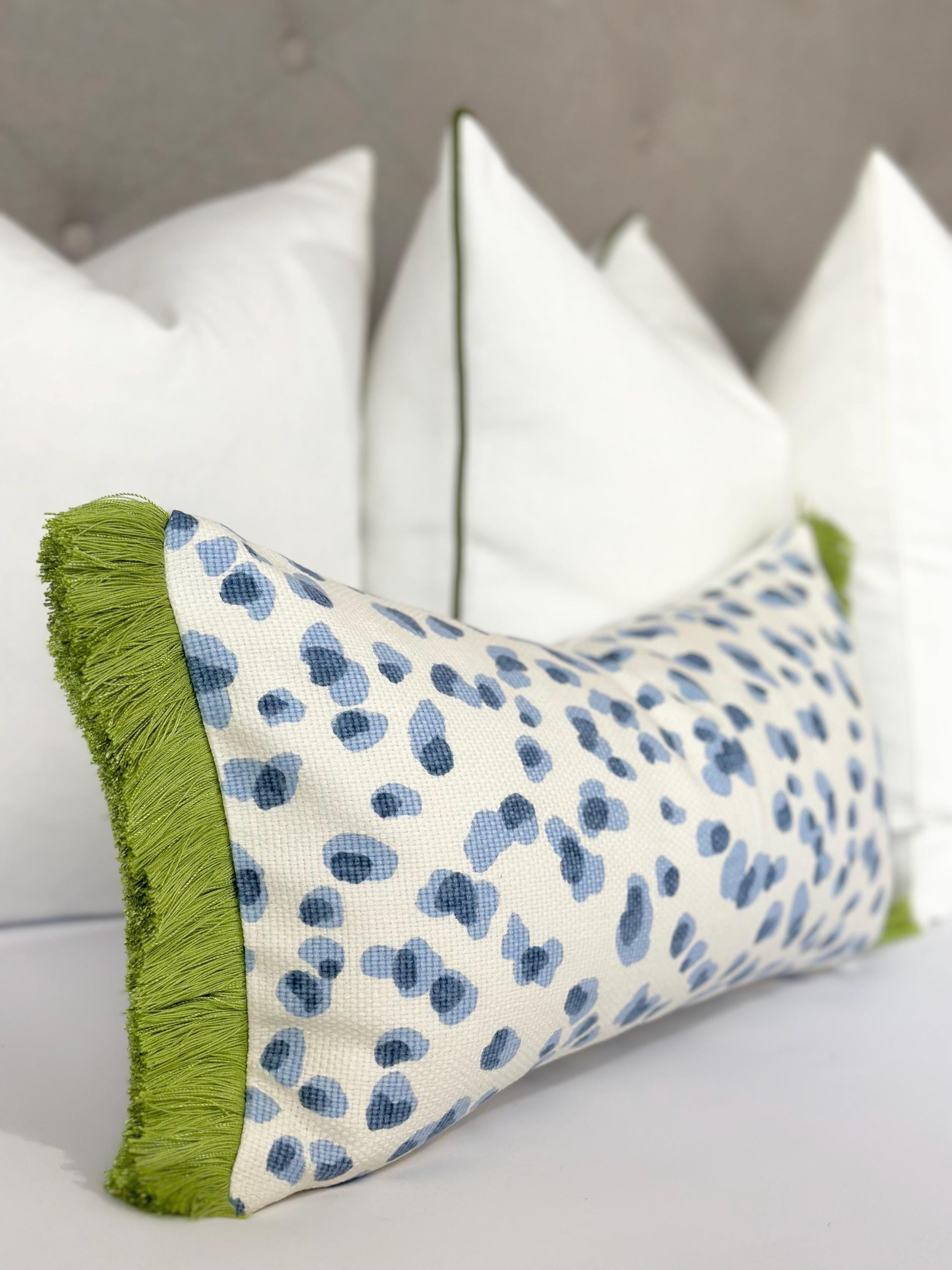 Mira blue decorative throw pillow cover , sofa pillow blue leopard print , accent cushion with green fringe