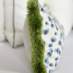 Blue Leopard decorative throw pillow cover , Modern Animal Print Pillows | Coastal Accent Pillow Cover with green brushed fringe detail