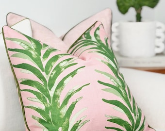 Pink Tropical Palm Pillow Cover with Dark Green Trim | Designer Coastal & Chinoiserie Chic Decor | Pink throw pillow for sofa and bed