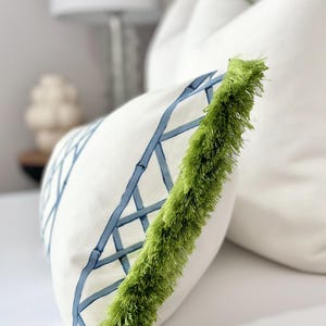 Blue Bamboo pillow cover , Chinoiserie style decorative pillow cover , one sided throw pillow cover with green brushed fringe detail