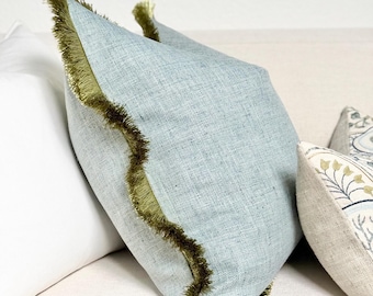 Mist blue throw pillow cover with green brushed fringe detail , Designer blue pillow cover, modern mist blue accent pillow