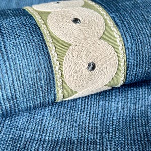 May include: Close-up of a blue fabric with a green and white trim. The trim features a repeating pattern of white circles with a small black button in the center.