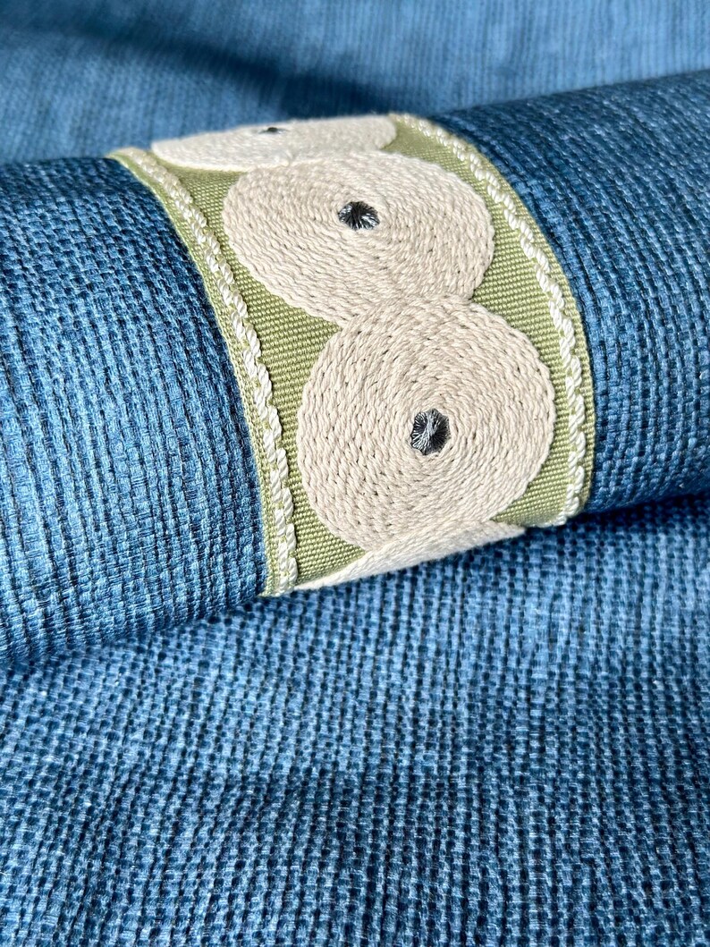 May include: Close-up of a blue fabric with a green and white trim. The trim features a repeating pattern of white circles with a small black button in the center.