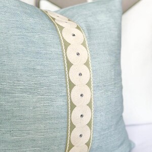 Seaglass Blue Throw Pillow Cover, Modern Coastal Accent Pillow With Green Tape Detail image 2