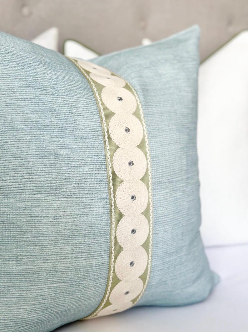 Seaglass Blue Throw Pillow Cover, Modern Coastal Accent Pillow With Green Tape Detail image 2