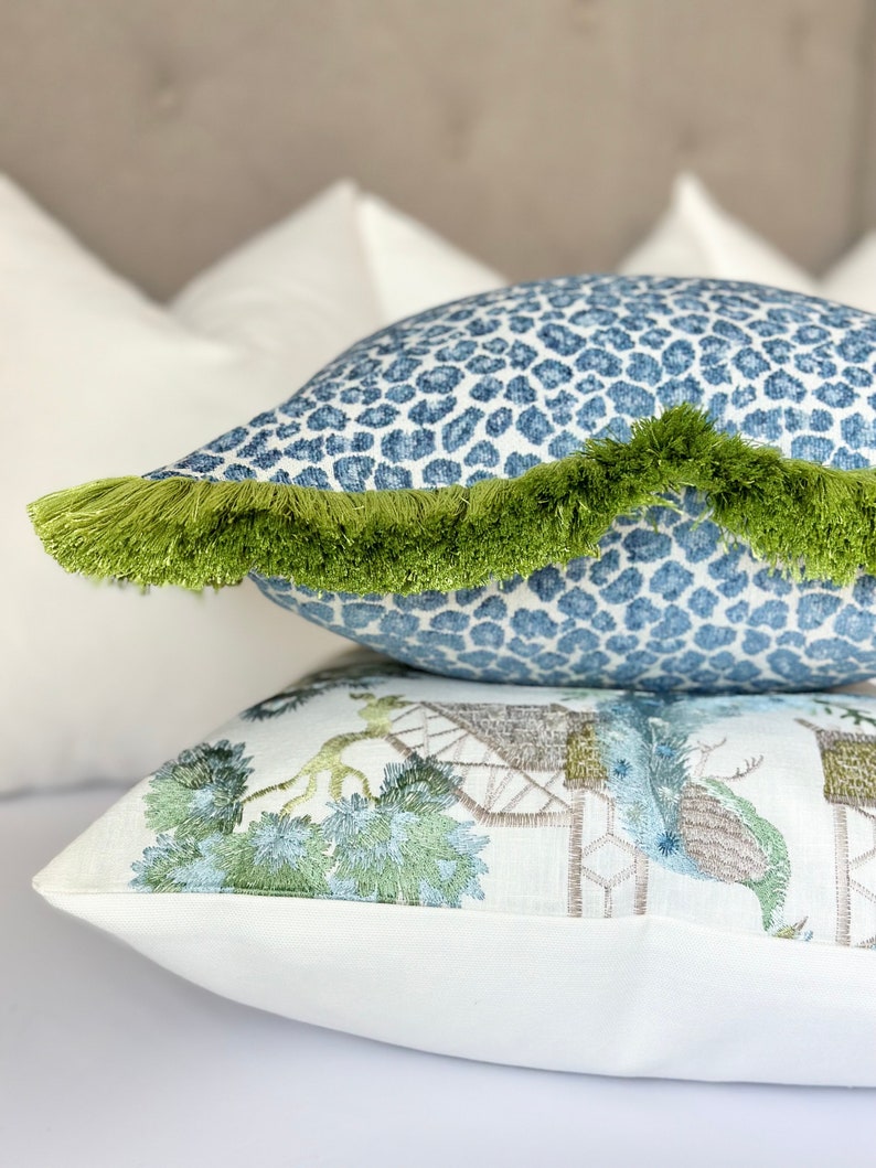 Decorative Blue cheetah spotted throw pillow cover, blue cheetah cushion with green brush fringe, cheetah accent pillow for sofa and bed Apple green fringe