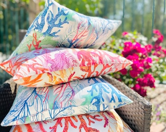 Decorative outdoor throw pillow cover , blue , pink , green patio pillow cover , accent outdoor pillows, pink outdoor pillow
