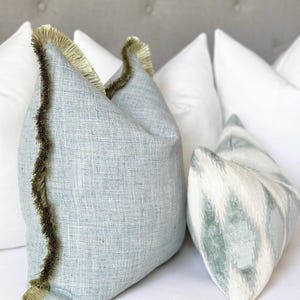 Mist blue throw pillow cover with green brushed fringe detail , mist blue pillow , decorative blue pillow cover for bed and sofa