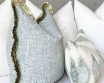 Mist blue throw pillow cover with green brushed fringe detail , mist blue pillow , decorative blue pillow cover for bed and sofa