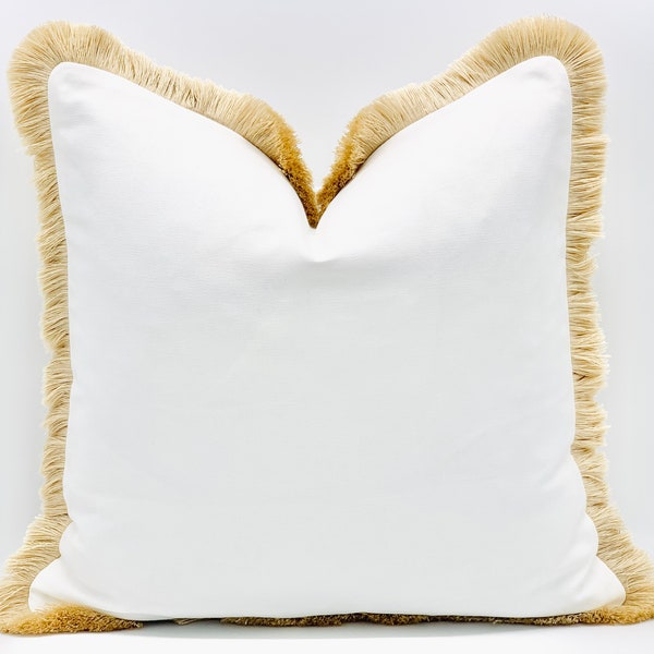 Schumacher White Linen pillow cover with beige brush fringe , decorative throw pillow cover Schumacher