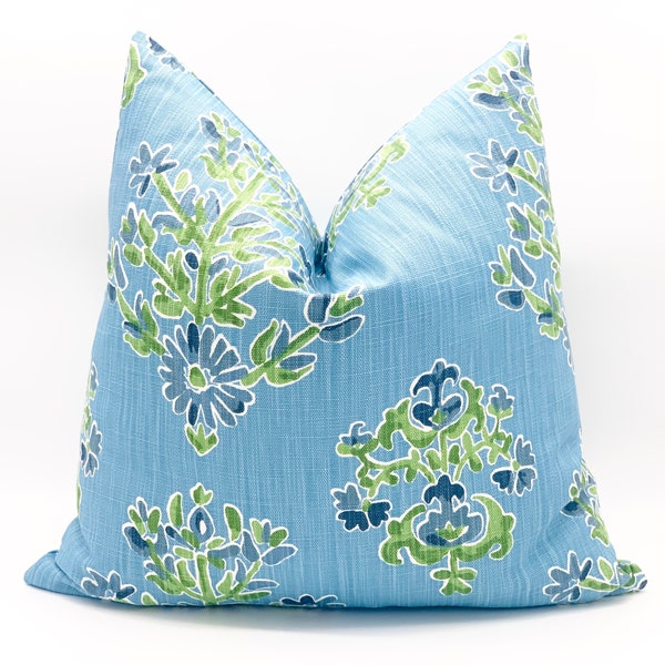 Eliza blue decorative floral throw pillow cover , blue accent cushion for bed and sofa, Green floral print pillow cover