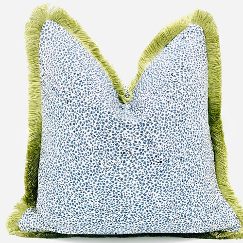 Azure Spotted Throw Pillow Cover With Green Brush Fringe Etsy