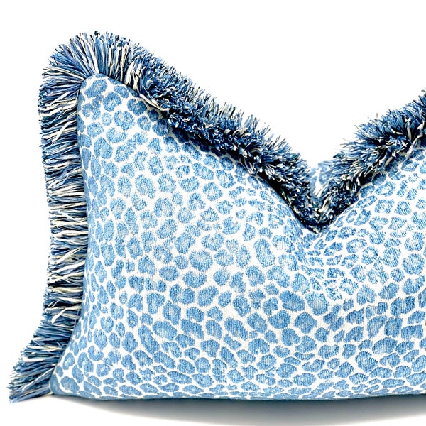 Blue cheetah throw pillow cover , blue pillow cover cheetah , blue leopard chenille cushion , chinoiserie cushion with blue brush fringe