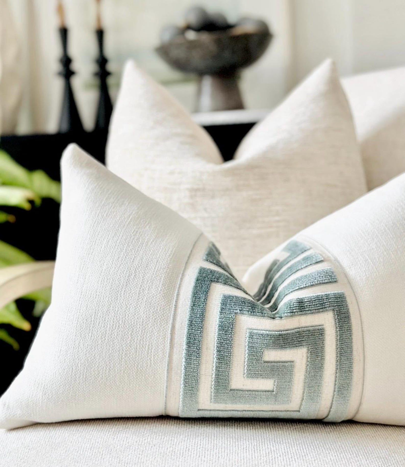 White Throw Pillow Cover with Greek Key Tape Detail | White Designer Pillow cover for sofa and bed | Modern White Accent Pillow - 12x20 inches