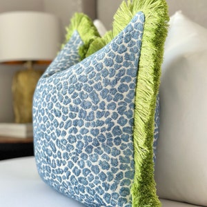 Decorative Blue cheetah spotted throw pillow cover, blue cheetah cushion with green brush fringe, cheetah accent pillow for sofa and bed image 2