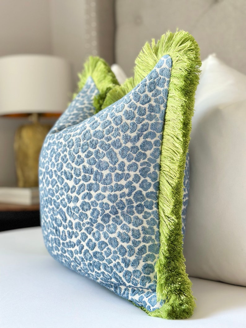 Decorative Blue cheetah spotted throw pillow cover, blue cheetah cushion with green brush fringe, cheetah accent pillow for sofa and bed image 2