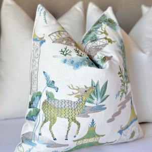 Embroidered Chinoiserie style throw pillow cover, mist blue throw pillow cover, Chinoiserie style throw pillowcase animal embroidery