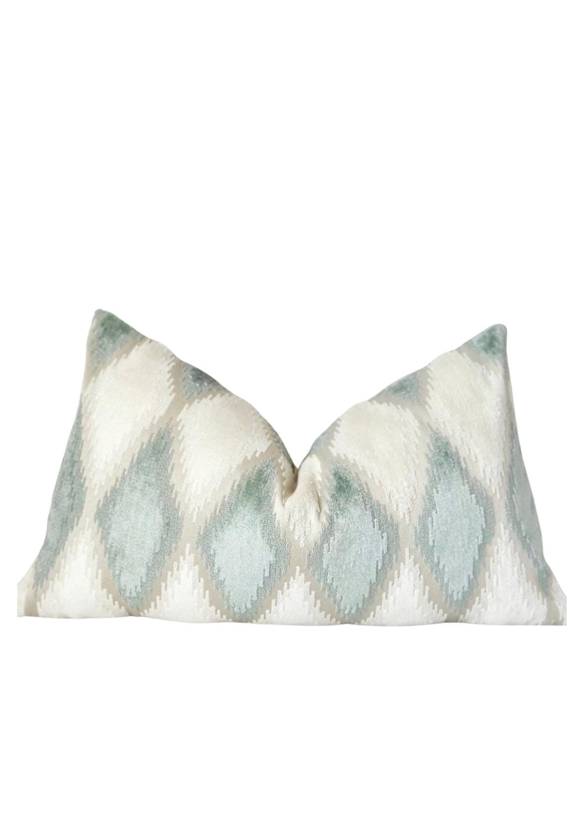Mist blue - beige velvet throw pillow cover with rhombus shape pattern | Designer mist blue velvet  throw pillow cover for bed and sofa