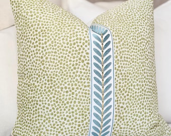Lime Green dotted throw pillow cover | Modern green pillow cover with seaglass decorative tape detail | Designer Green accent pillow cover