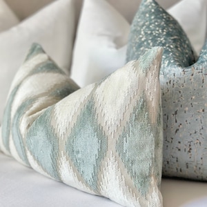 Mist blue - beige velvet throw pillow cover with rhombus shape pattern , mist blue velvet  throw pillow cover for bed and sofa