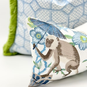 Monkey embroidered pillow cover , Chinoiserie style throw pillow
