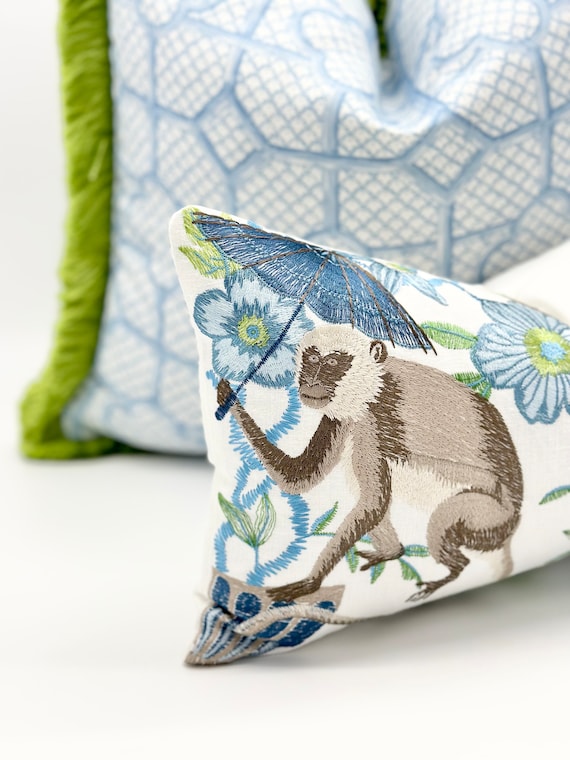 Monkey embroidered pillow cover , Chinoiserie style throw pillow