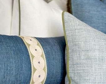 Navy Blue Throw Pillow Cover with green decorative tape detail |  Designer Dark Blue Pillow Cover | Navy blue Accent Pillow Cover