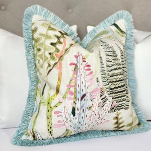 Pastel throw pillow cover with brushed fringe detail , light blue - coral cotton pillow cover, decorative seaglass accent pillow