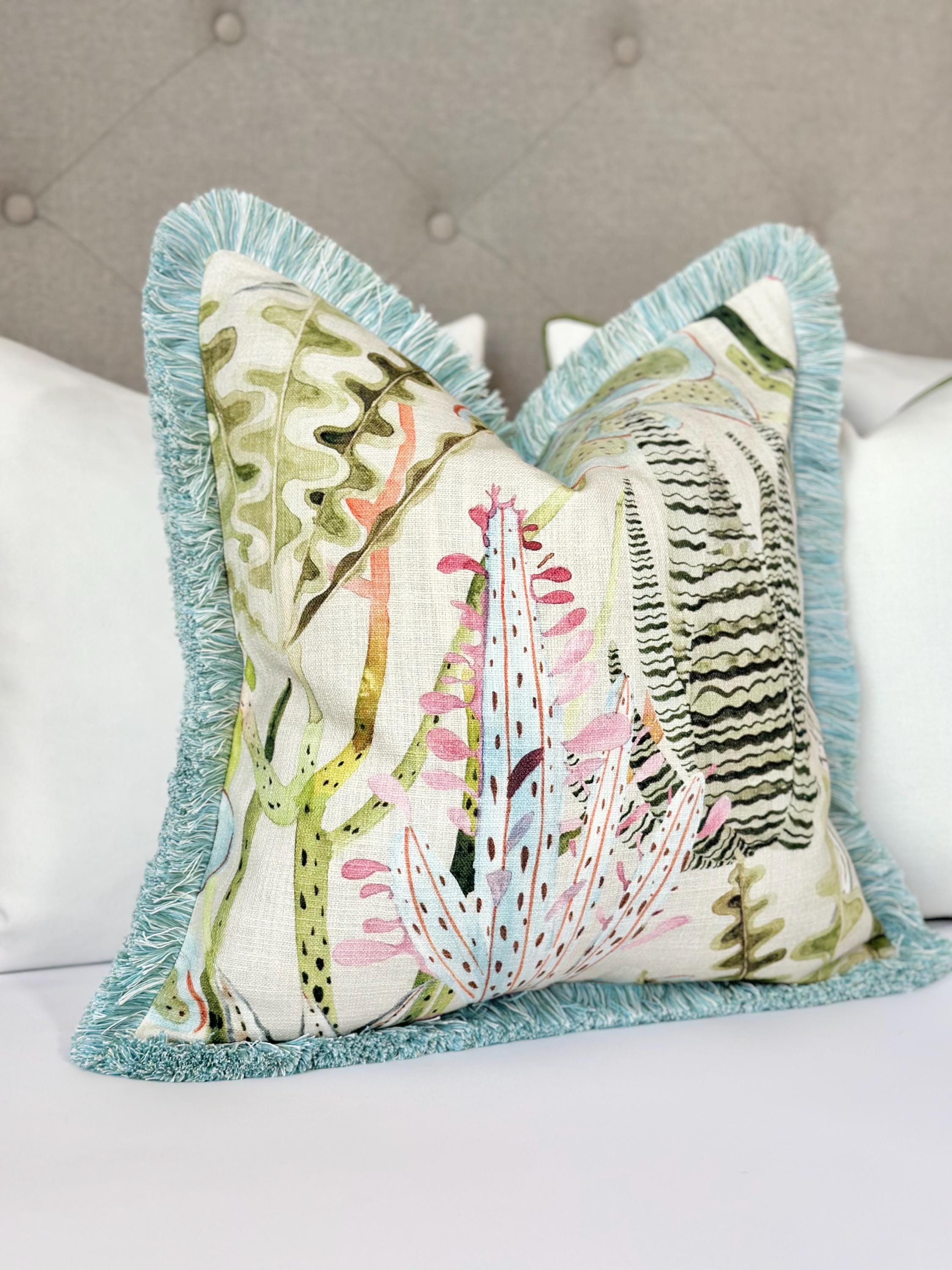 Pastel throw pillow cover with brushed fringe detail , light blue - coral cotton pillow cover, decorative seaglass accent pillow