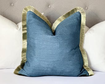 Navy Blue Throw Pillow with Green Brushed Fringe Detail | Designer Accent Blue Pillow For Sofa And Bed | Dark Blue accent pillow cover