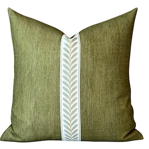 Olive green Throw Pillow Cover with decorative tape detail |  Designer Green Pillow Cover | Green Accent Pillow Cover
