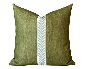 Olive green Throw Pillow Cover with decorative tape detail |  Designer Green Pillow Cover | Green Accent Pillow Cover