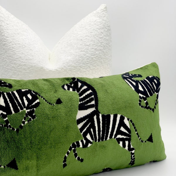 Green velvet throw pillow with zebra motive, velvet pillow cover dancing zebras BACKORDER