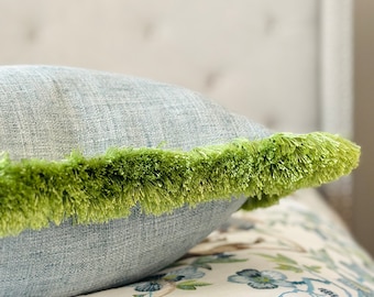 Mist blue throw pillow cover with apple green brushed fringe detail , light blue cotton pillow cover, decorative mist blue pillowcase