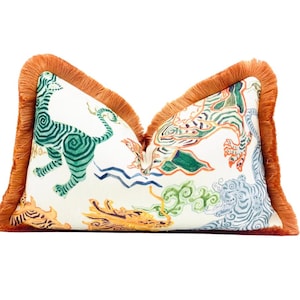 Himalaya Chinese Tiger / Dragon multicolor throw pillow cover , Chinoiserie style throw pillow cover with orange brushed fringe detail