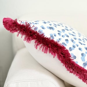 Blue Cheetah Throw Pillow cover with Magenta brushed fringe detail | Chinoiserie style throw pillow cover |Blue leopard coastal pillow
