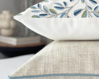 Neutral throw pillow cover with mist blue trim detail | Beige designer accent pillow | Neutral decorative pillow cover for bed and sofa