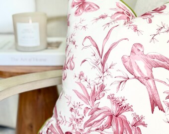 Pink Floral Throw Pillow with birds motif | Pink floral decorative pillow | Modern Designer Pink Accent Pillow