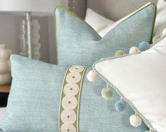 Seaglass Laguna throw pillow cover with green decorative tape detail , light blue pillow cover, decorative blue pillow cover in Sky
