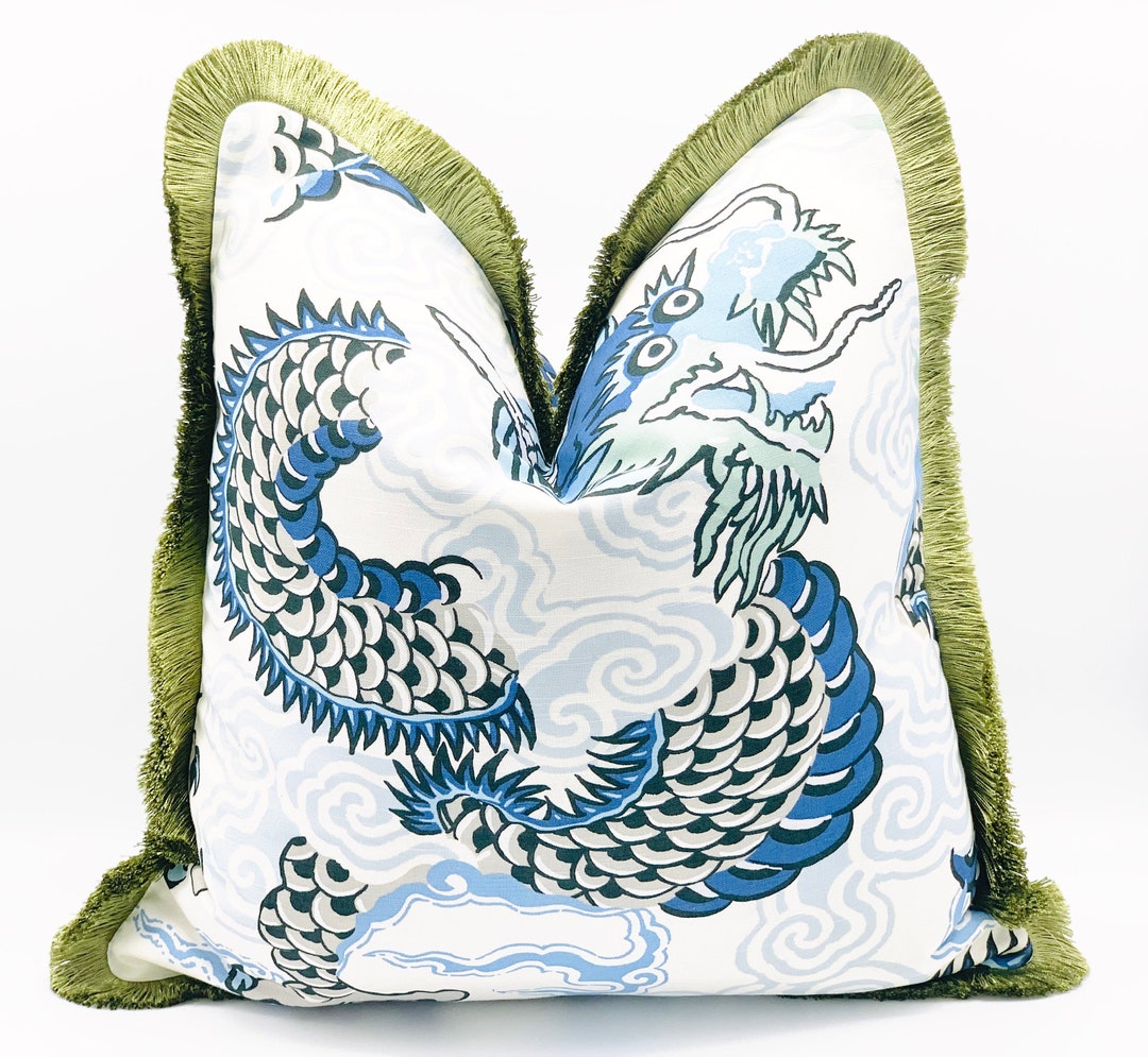 Dragon Chinoiserie Throw Pillow Cover , Blue Navy Blue Light Blue Chinoiserie Pillow With Dragon