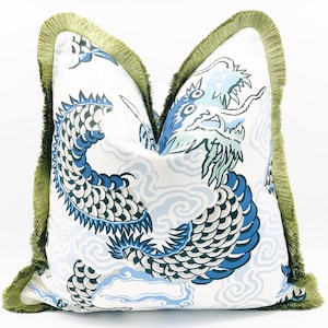 Dragon Chinoiserie throw pillow cover , Blue - Navy blue - Light blue Chinoiserie pillow with dragon print