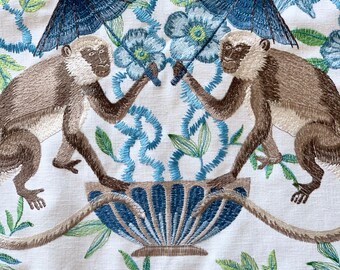 Chinoiserie pillow cover embroidered , floral pillow cover monkeys with brush fringe detail