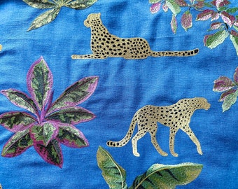 Fabric swatch royal blue embroidered leopard fabric