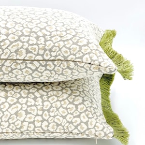 Cheetah spotted chenille throw pillow cover , neutral cushion cheetah with green brush fringe